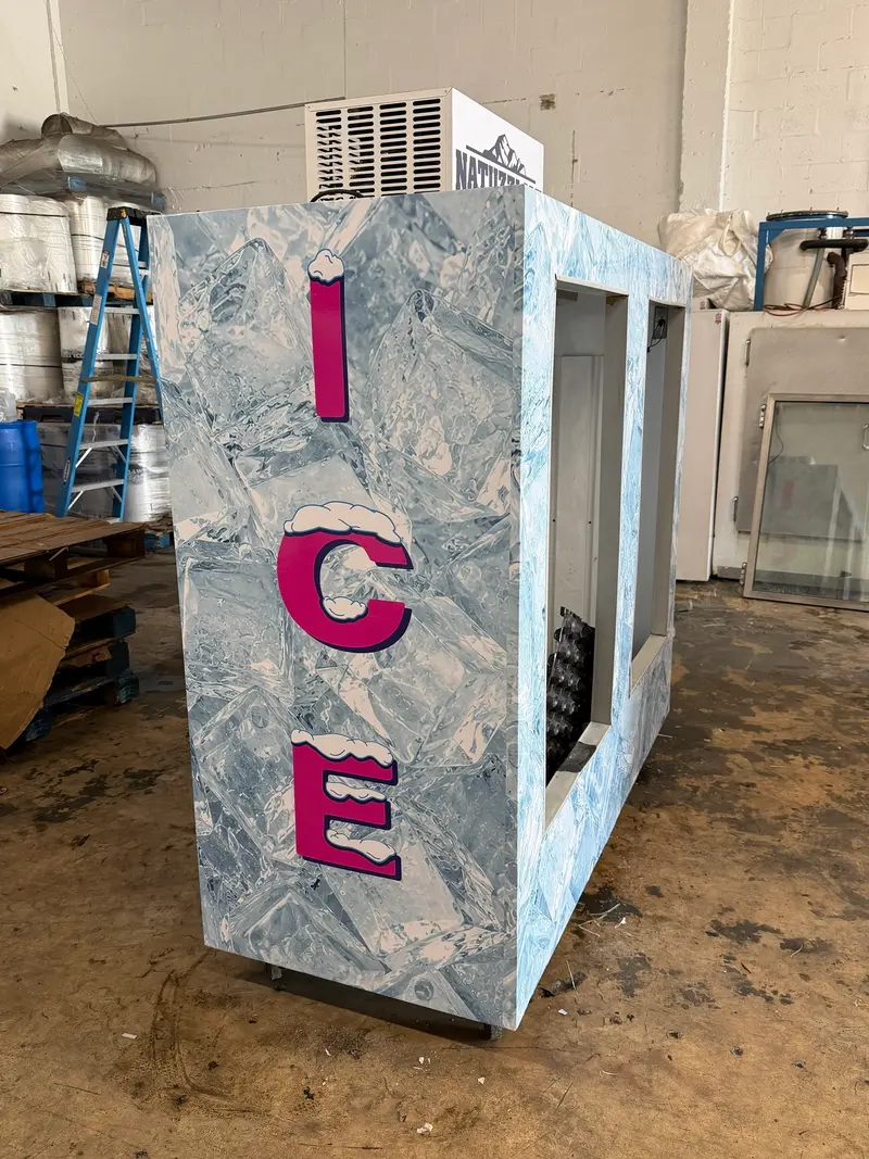 Natuzzi Ice SoFlo merchandiser with pink ICE lettering over an ice-cube wrap