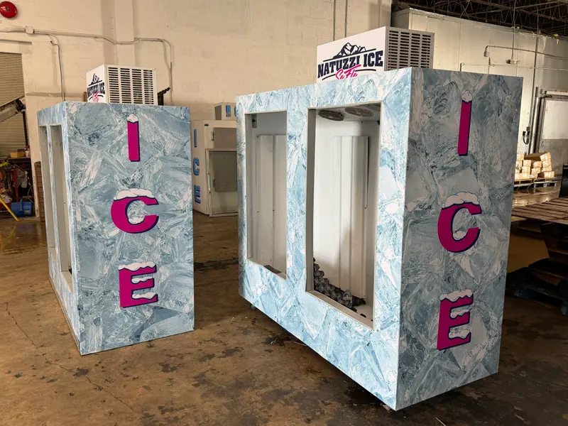 Two-door Natuzzi Ice SoFlo merchandisers with an ice-cube wrap