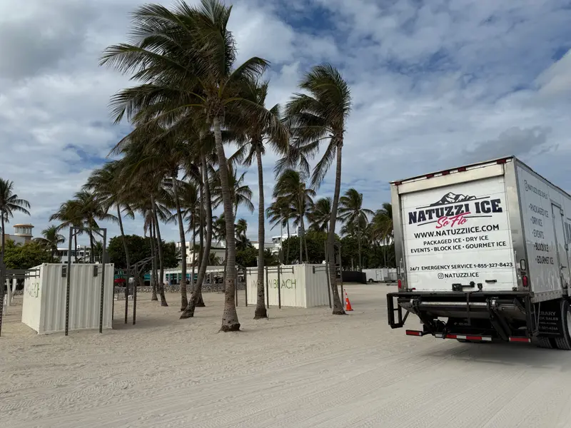 Natuzzi Ice SoFlo truck parked on the sand under palm trees in Miami Beach