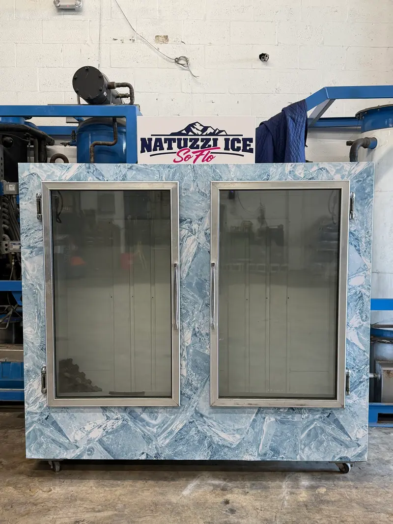 Two-door glass Natuzzi Ice SoFlo merchandiser with the SoFlo sign on top